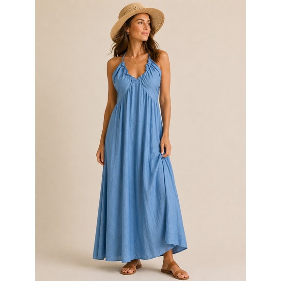 Cupshe Dresses & Skirts - Cupshe Ruffle Halter Maxi Dress Womens Size M Blue Boho Summer Beach Vacation